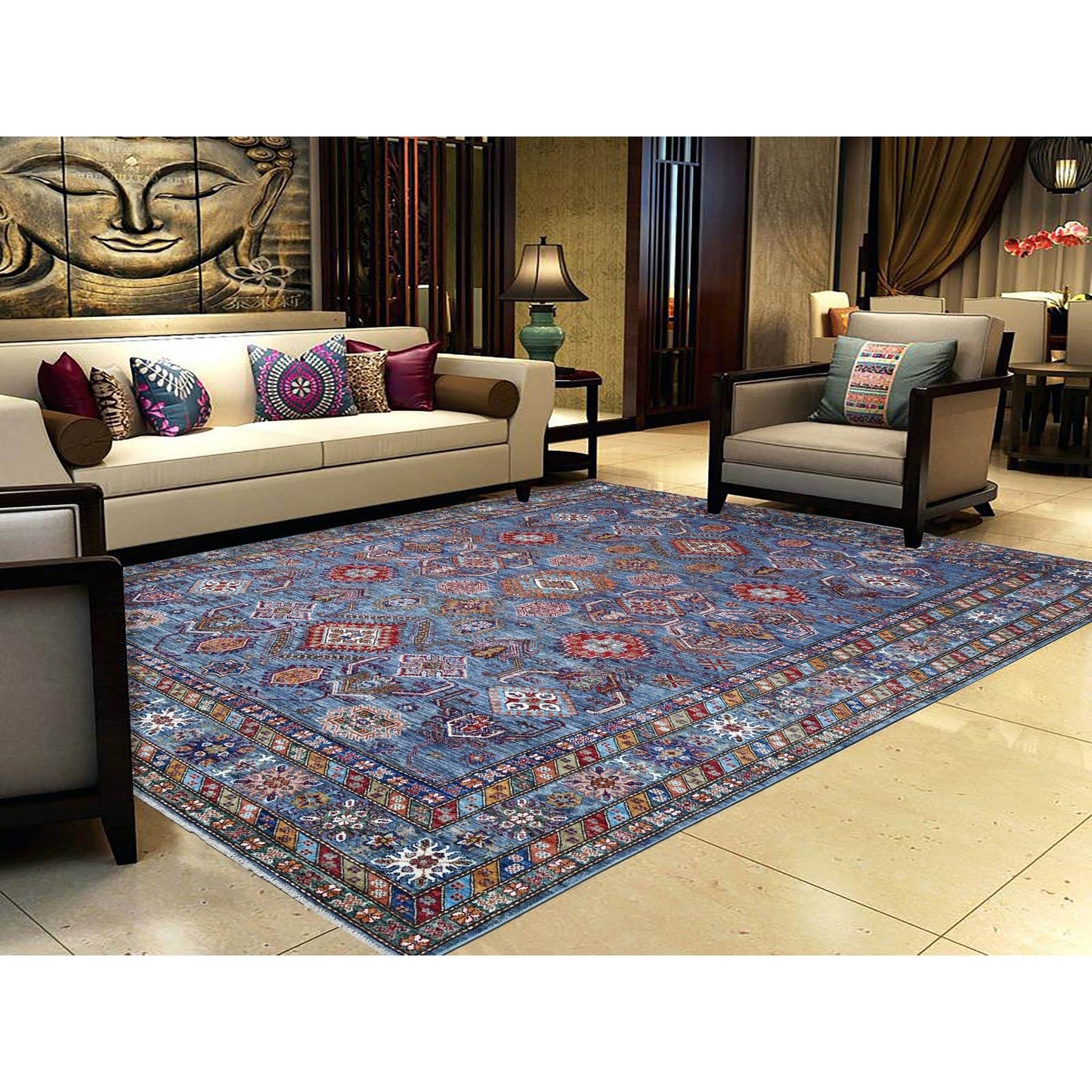 8'X9'6" Slate Gray Hand Knotted Geometric Super Kazak Wool Oriental Rug