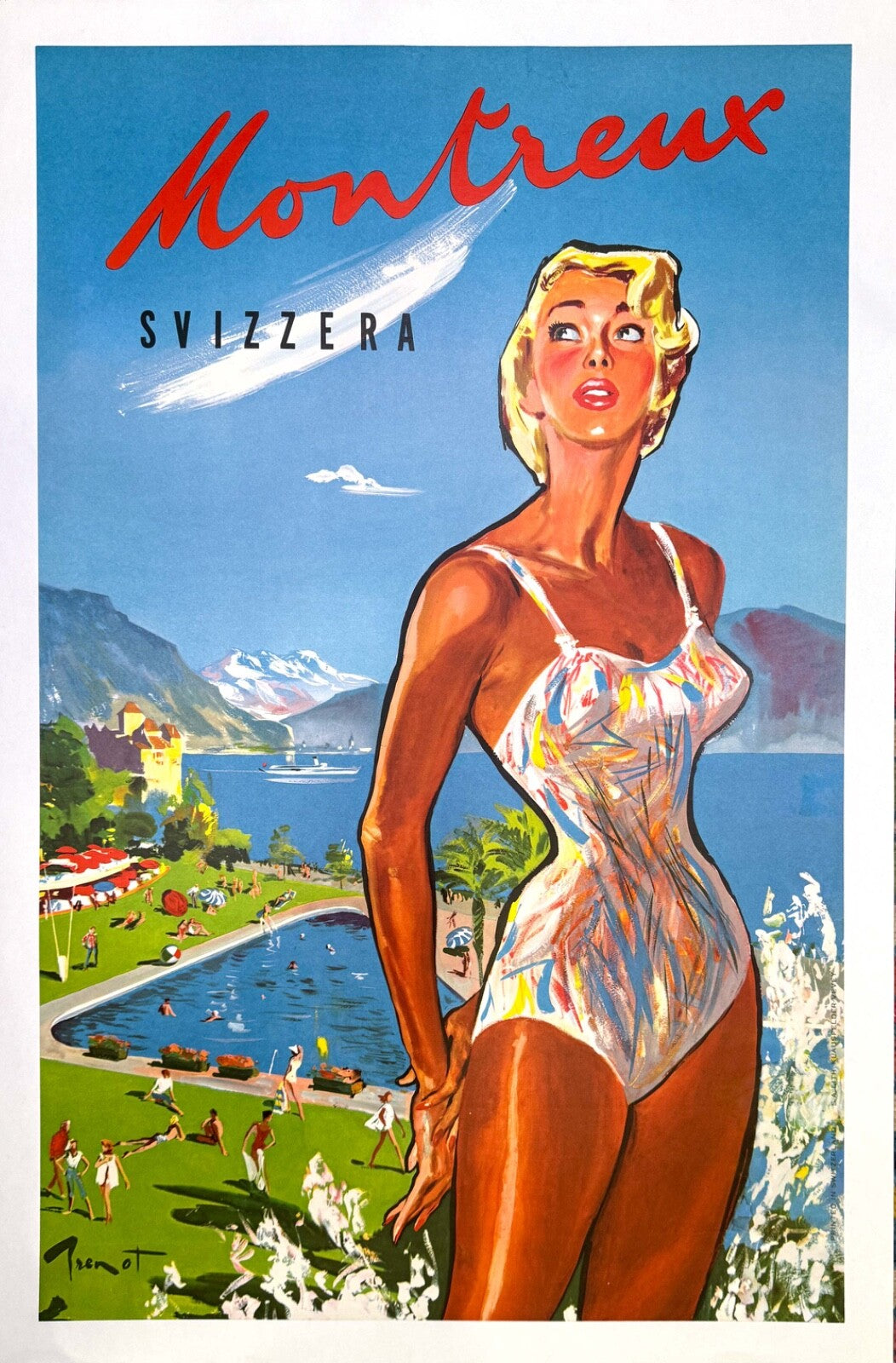 Swiss Travel Poster Montreux By Pierre Brenot C1950 View Mont Blanc Lake Geneva