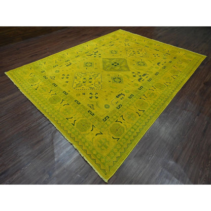 8'6"X11'4" Yellow Overdyed Kazak Geometric Design Hand Knotted Wool Rug