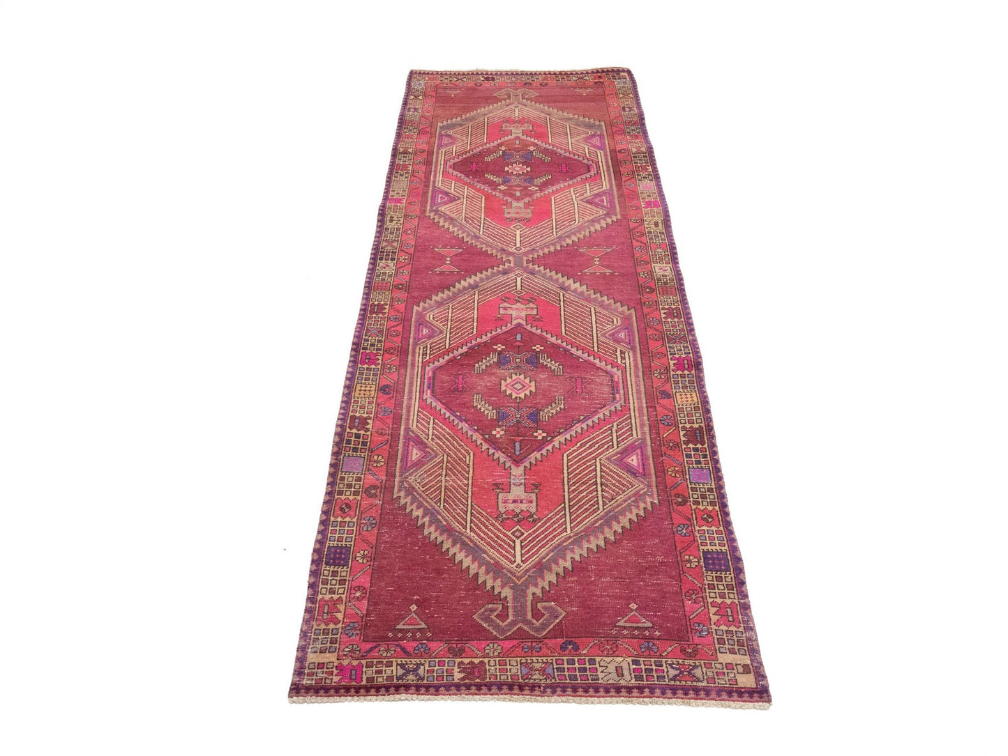 Oriental runner rug geometric tribal style carpet handmade vintage wool 4x11