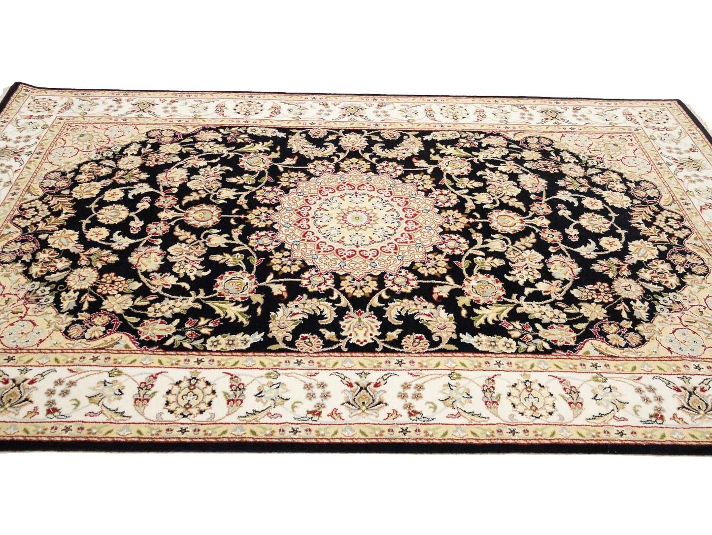 5X8 Indo-Nain Black Oriental Rug Floral Style Wool Carpet Home Decor