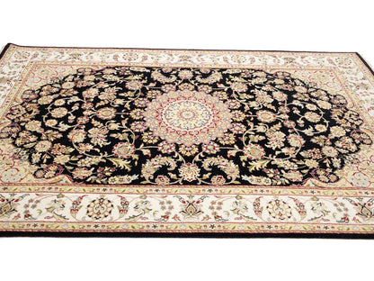 5X8 Indo-Nain Black Oriental Rug Floral Style Wool Carpet Home Decor
