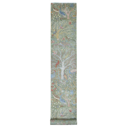 2'7"X19'9" Green Wool Afghan Peshawar Bird Design Hand Knotted Runner Rug