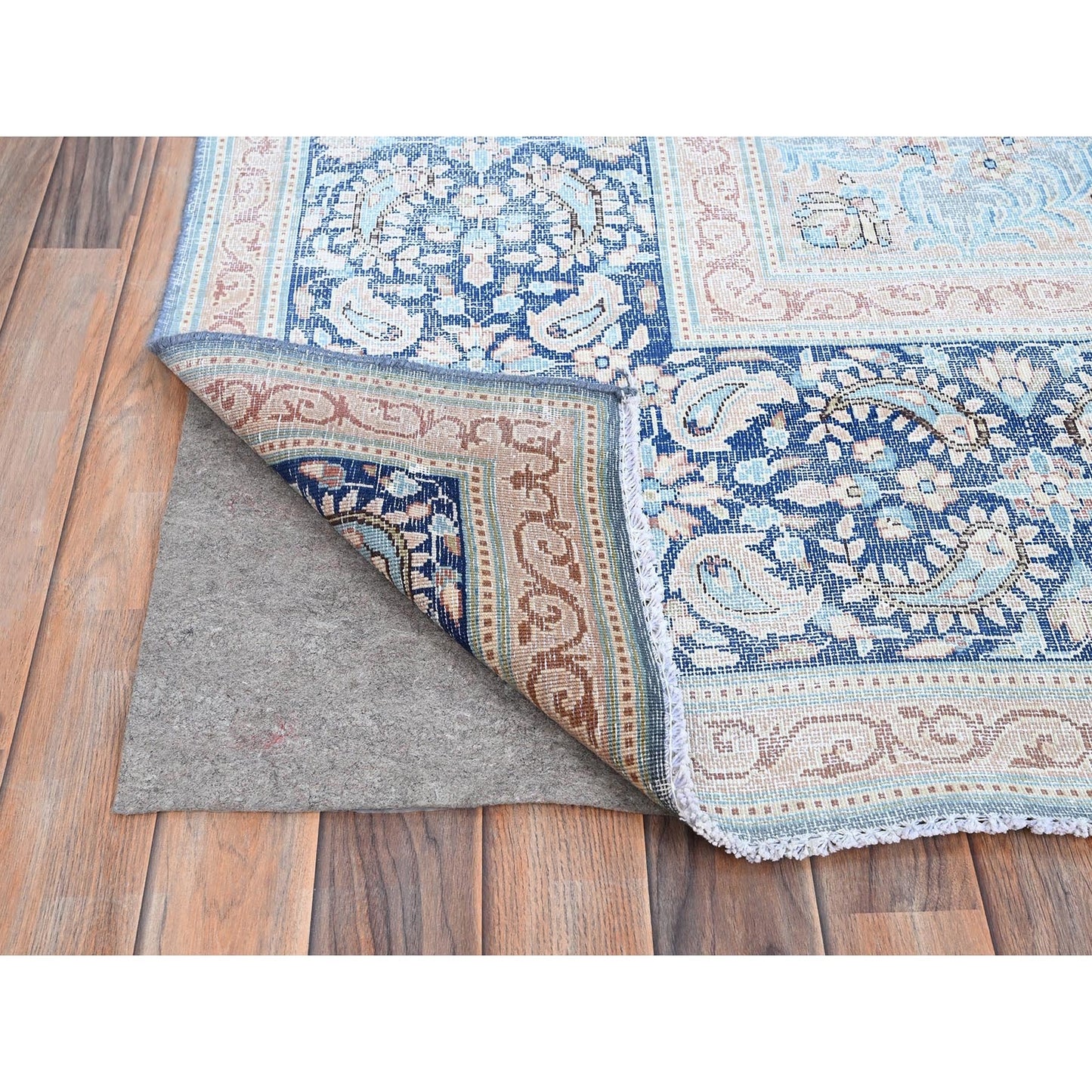 10'X12'9" Blue Worn Down Shiny Wool Cropped Thin Cleaned Oriental Rug