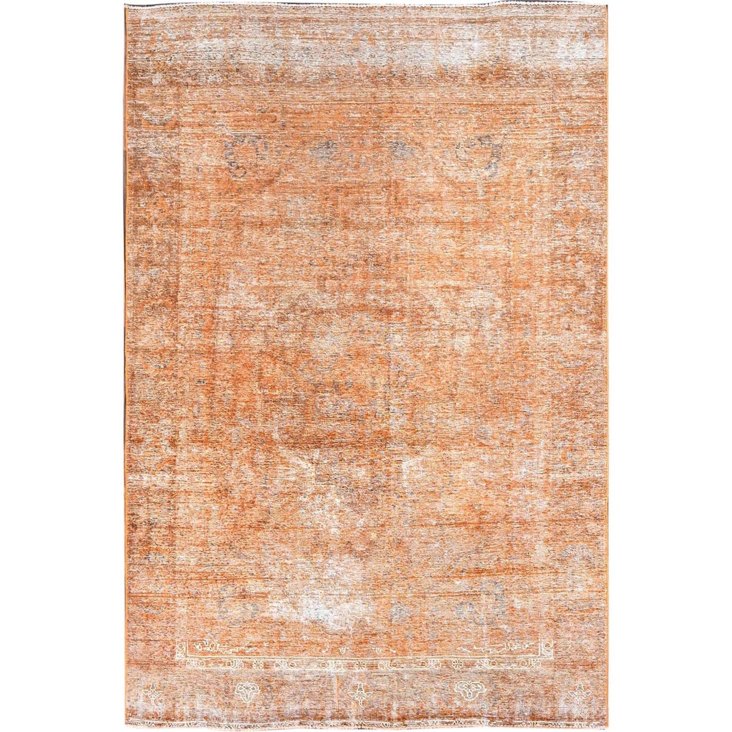 6'1"X9' Orange Overdyed Old Tebraz Distressed Look Wool Hand Knotted Rug