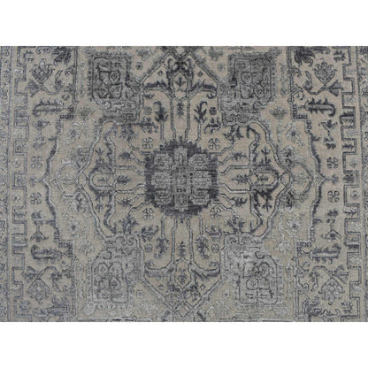 Rug 6'x9'2" Stone Gray Heris Design Wool and Silk Hi-lo Pile Hand Knotted