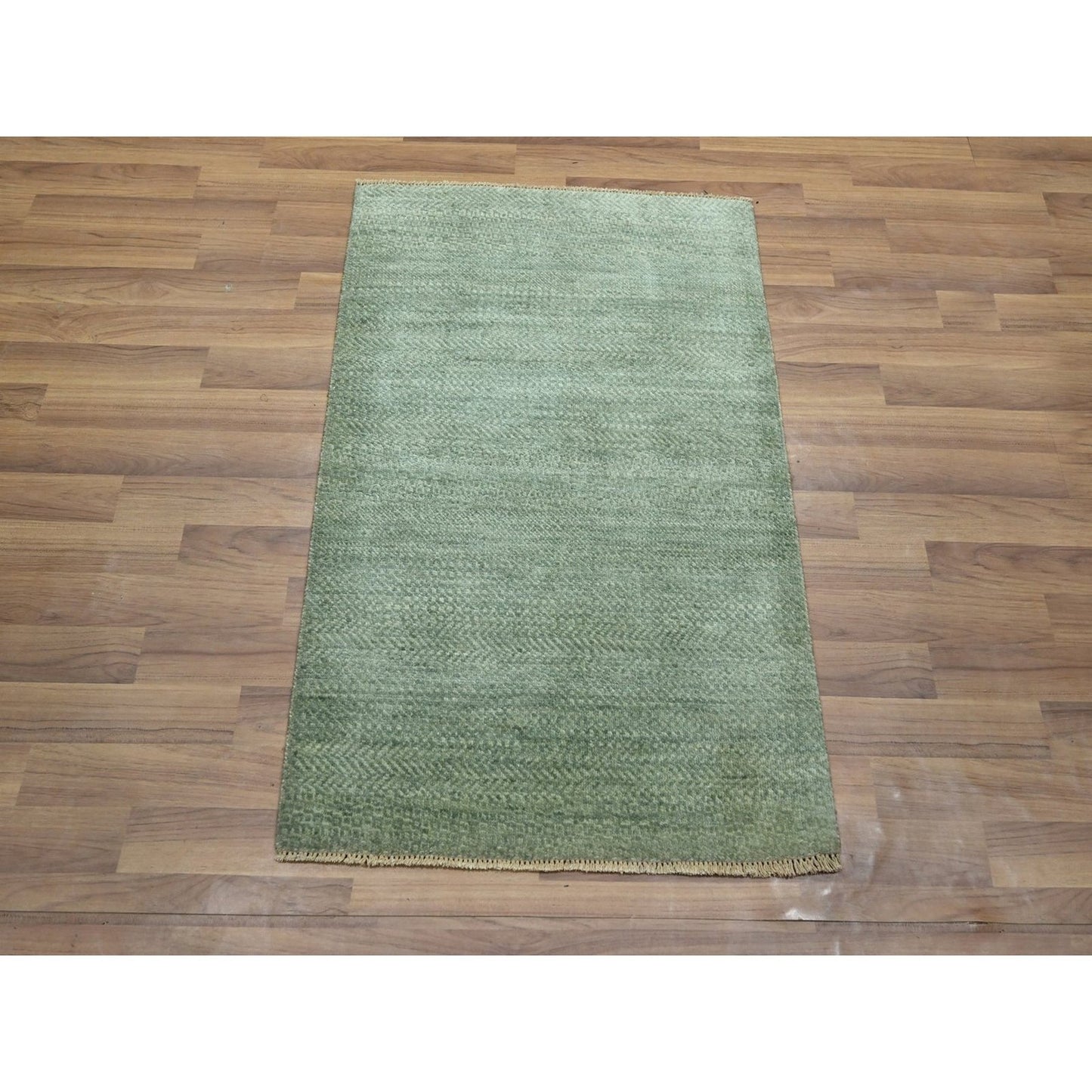 2'x3' Sage Green Natural Wool Modern Grass Design Hand Knotted Mat Rug