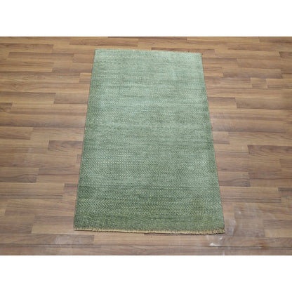 2'x3' Sage Green Natural Wool Modern Grass Design Hand Knotted Mat Rug