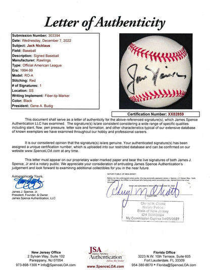 Jack Nicklaus Autographed Rawlings Oal Baseball Pga Champ Jsa