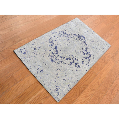 2'X3'1" Gray Cypress Tree Design Silk With Wool Hand Knotted Sample Rug