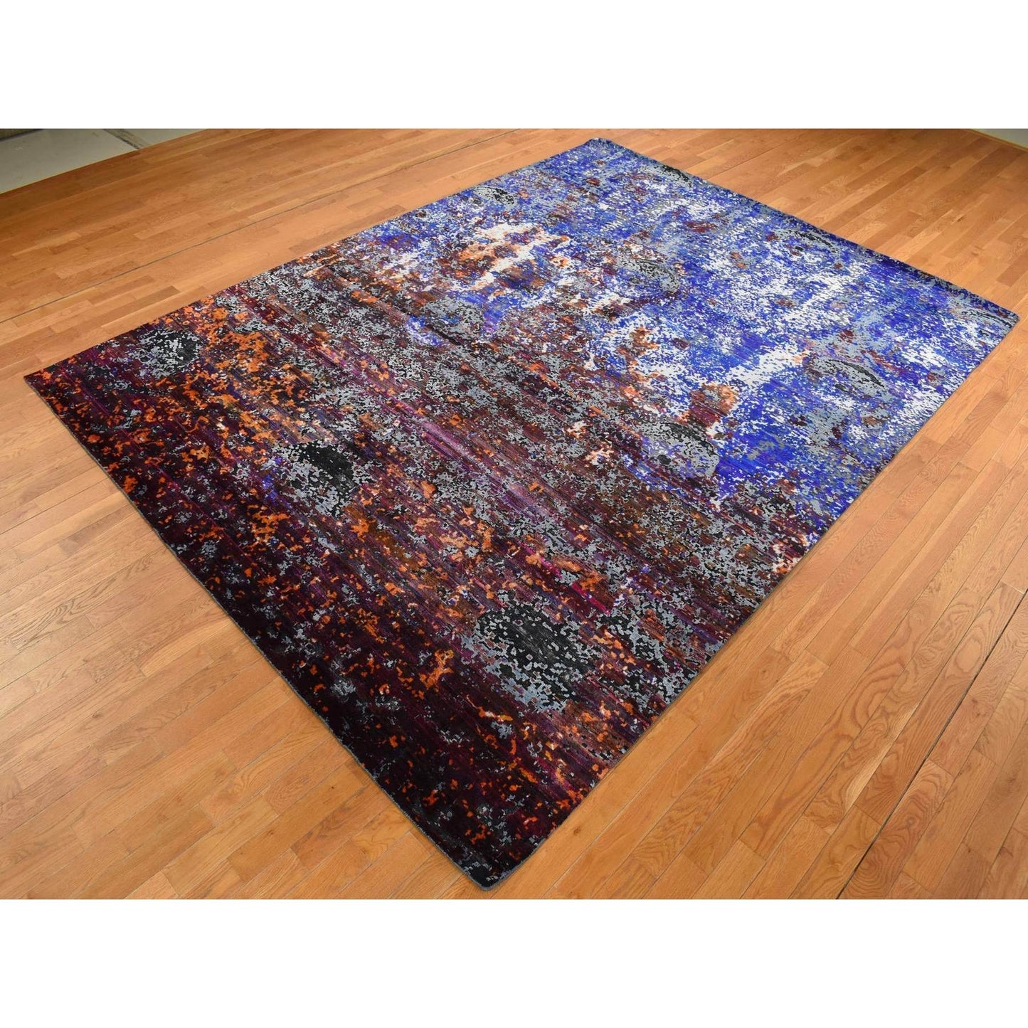 8'10"X12' Blue Hand Knotted Galactical Modern Design Silk And Pile Rug