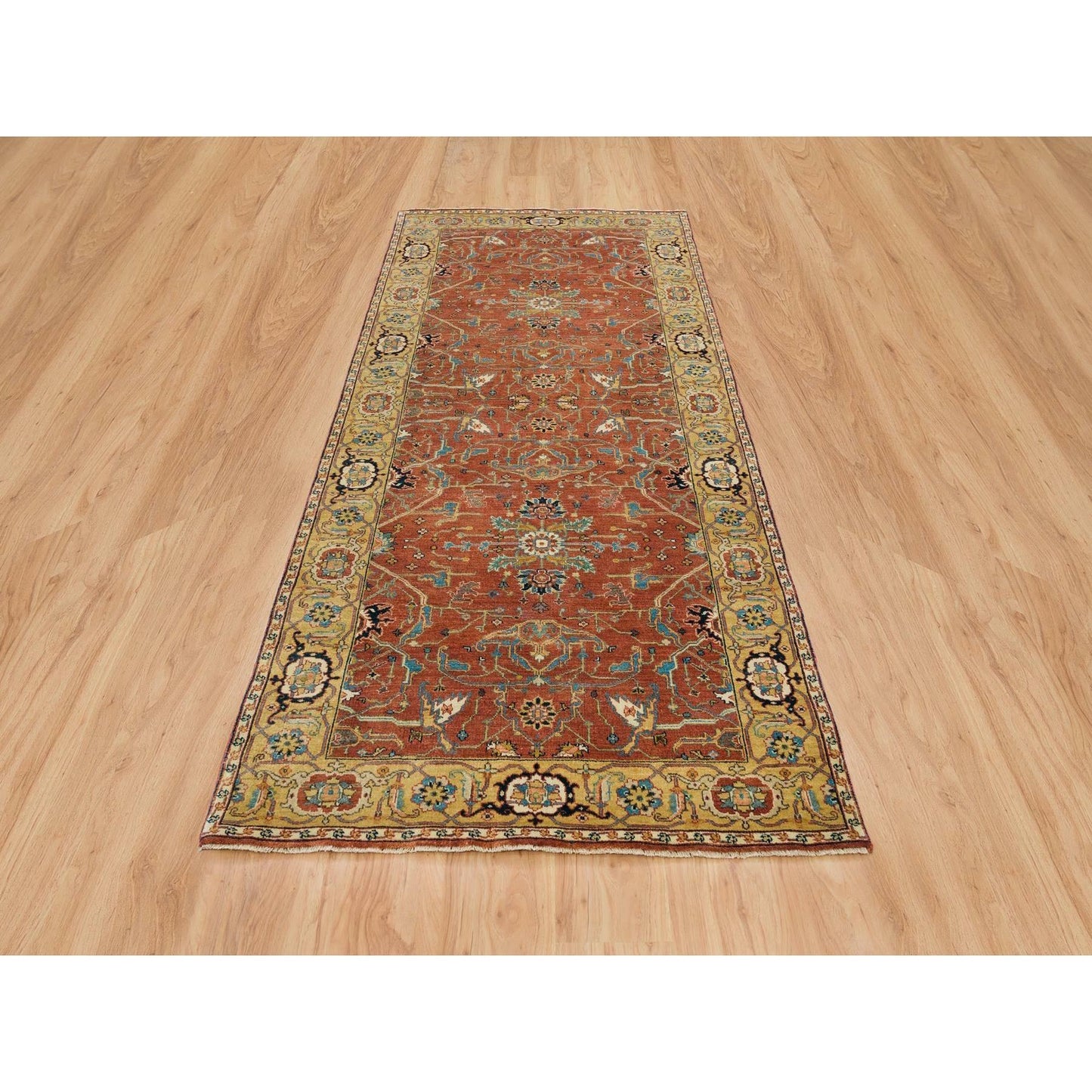 4'X10' Red Heris Re-Creation Hand Knotted Wool Wide Runner Rug