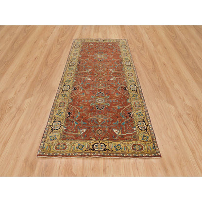 4'X10' Red Heris Re-Creation Hand Knotted Wool Wide Runner Rug