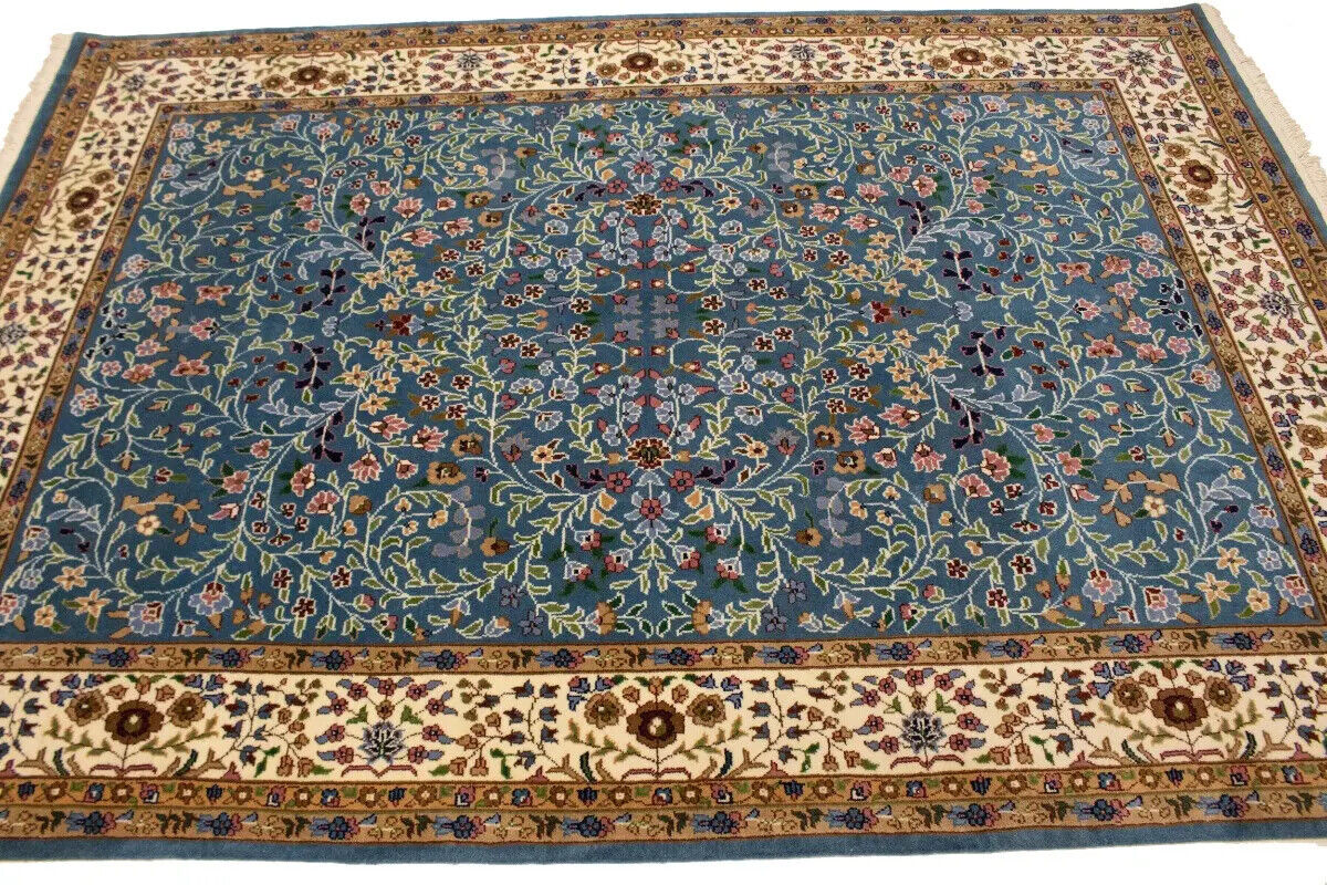 6X8 ft Hand-Knotted Teal Blue Kirman Oriental Rug