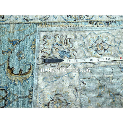 2'7"X22' Sky Blue Hand Knotted Agra Flower Design Pure Wool Xl Runner Rug