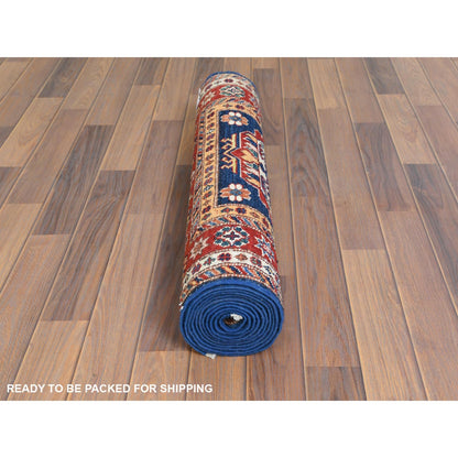 2'10"X11' Shiny Wool Hand Knotted Navy Blue Afghan Super Kazak Runner Rug