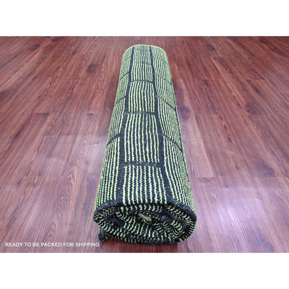 8'2"X10'6" Green Hand Knotted Moroccan Weave Brick Design Pure Wool Rug