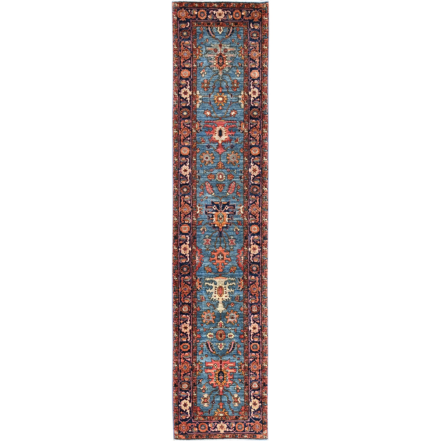 2'9"X12'10" Blue Heris All Over Design Soft Wool Hand Knotted Runner Rug