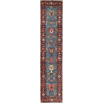 2'9"X12'10" Blue Heris All Over Design Soft Wool Hand Knotted Runner Rug