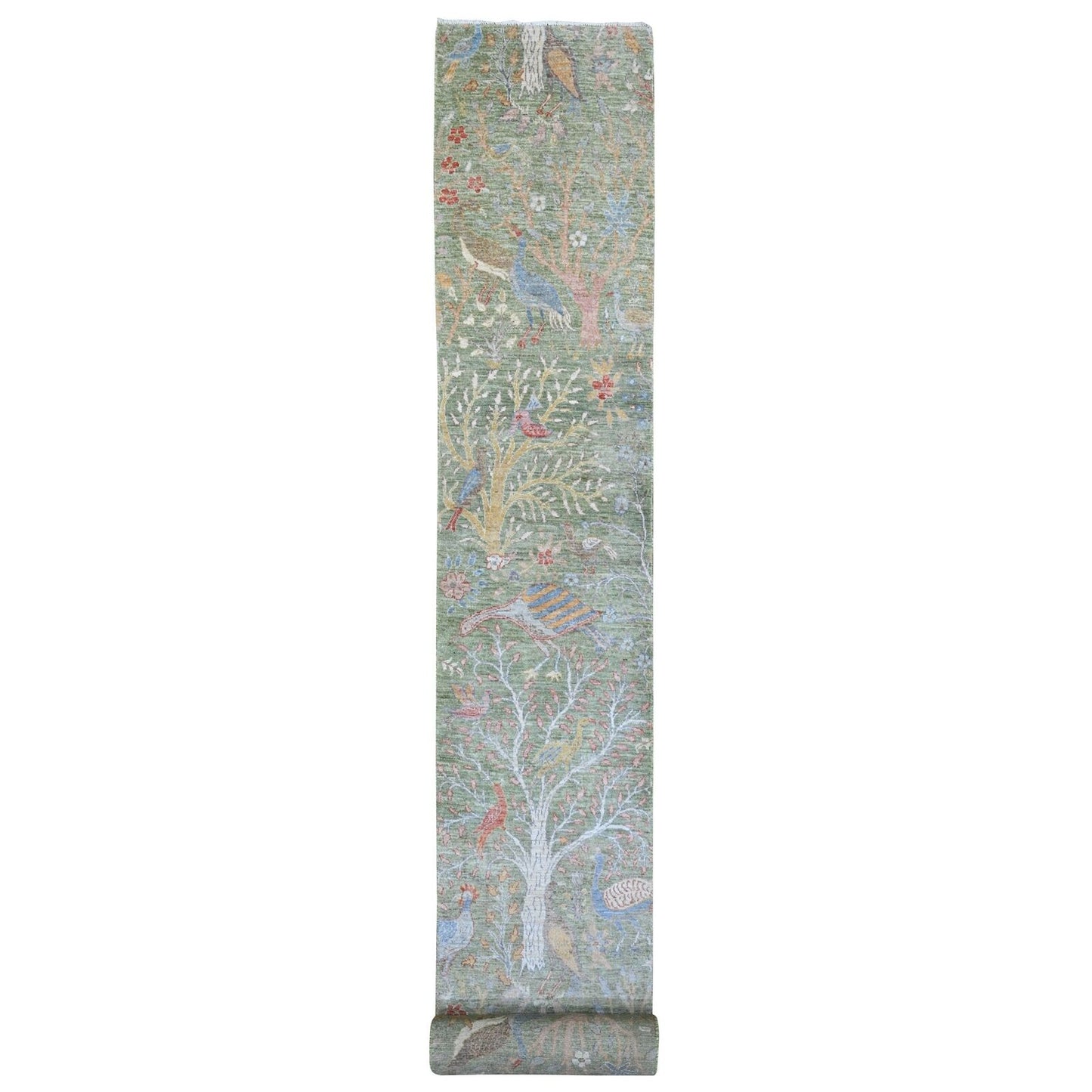 2'6"X24' Green Peshawar Birds Design Soft Wool Hand Knotted Runner Rug