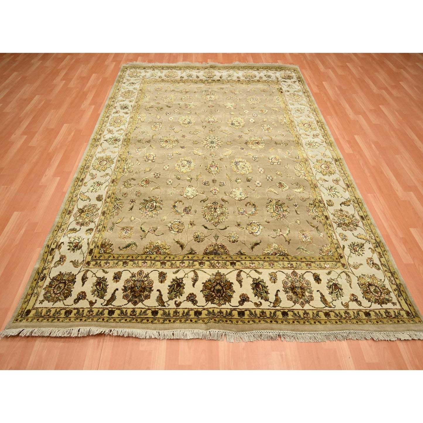 7'8"X9'10" Brown Rajasthan Leaf Design Hand Knotted Wool And Silk Rug