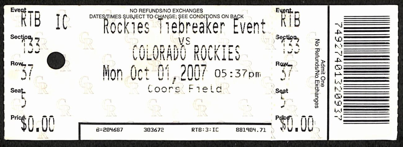 2007 Nl Wild Card Tiebreaker Full Ticket Rockies 9 V Padres 8 10/1/2007 187524