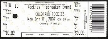 2007 Nl Wild Card Tiebreaker Full Ticket Rockies 9 V Padres 8 10/1/2007 187524