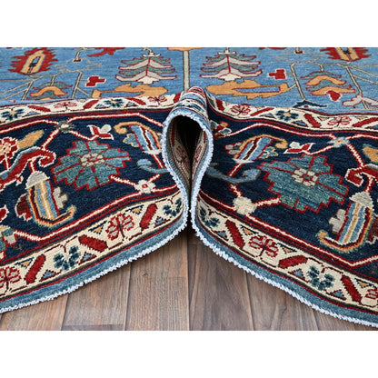 9'2"X11'8" Blue Peshawar With Heris All Over Design Wool Hand Knotted Rug