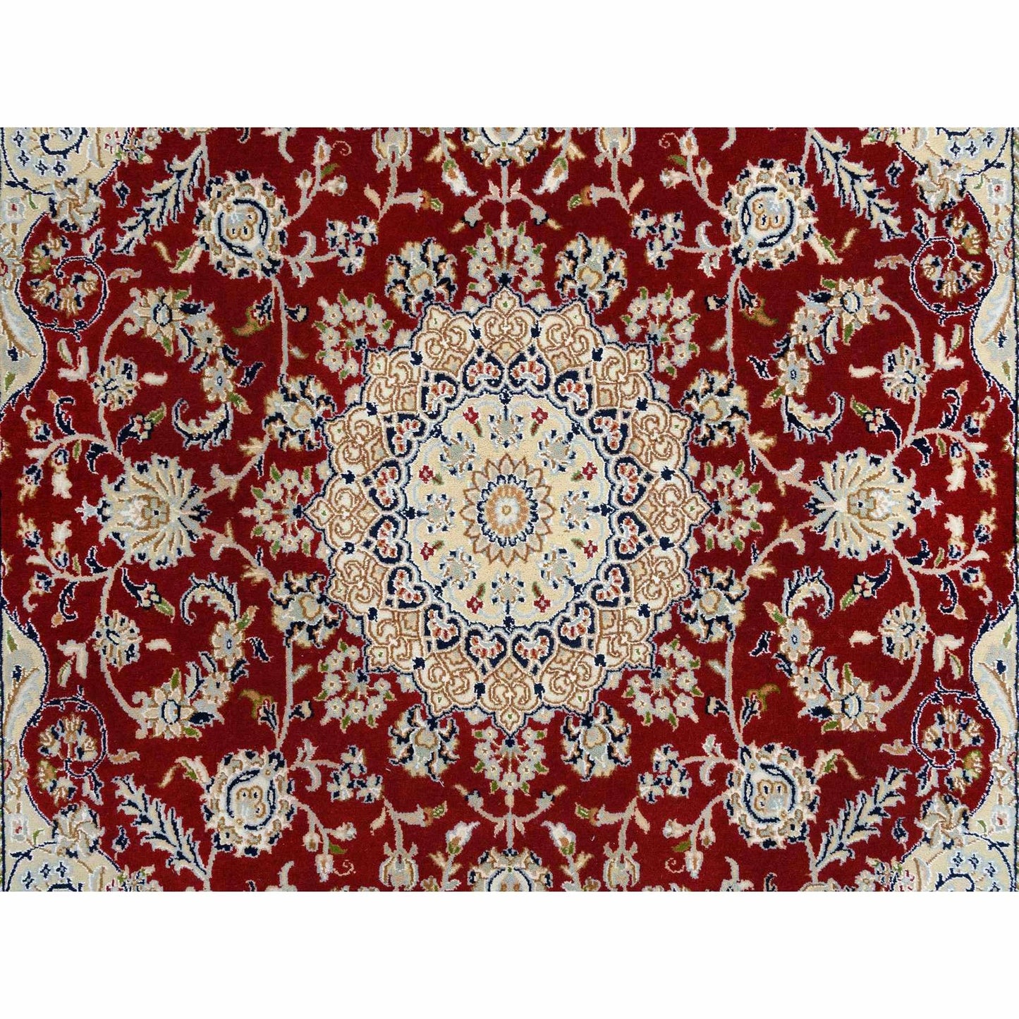 6'X6' Red Nain Flower Design 250 Kpsi Pure Wool Hand Knotted Square Rug