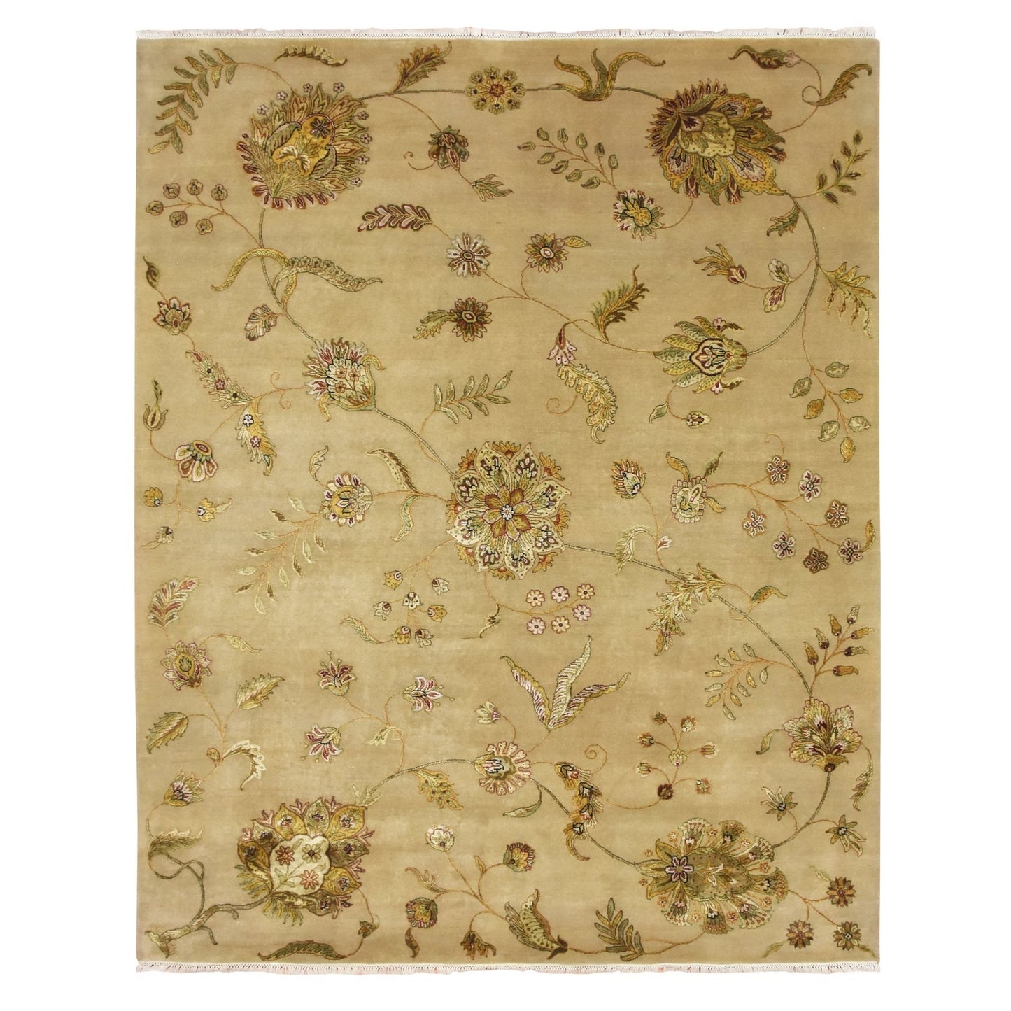8'X10' Ecru Brown Wool & Silk Botanical Design Hand Knotted Oriental Rug