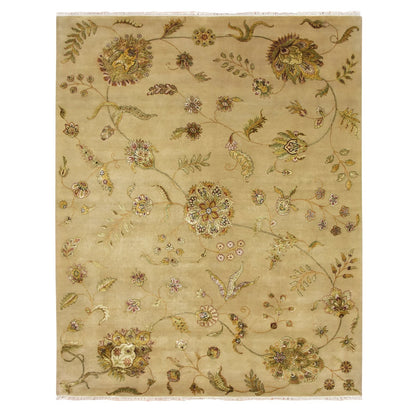 8'X10' Ecru Brown Wool & Silk Botanical Design Hand Knotted Oriental Rug