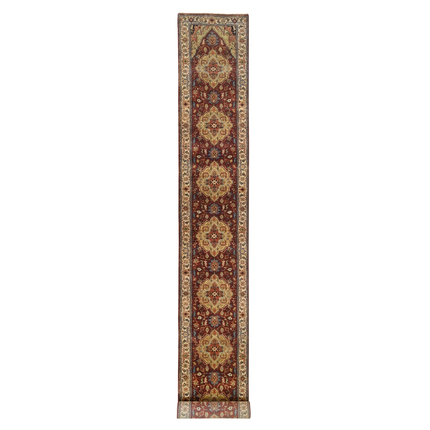 2'5"X20'1" Red Antiqued Fine Heris Wool Hand Knotted Xl Runner Rug