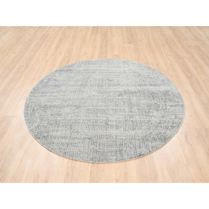 Rug 6'x6' Hand Loomed Wool and Silk Gray Fine Jacquard Round