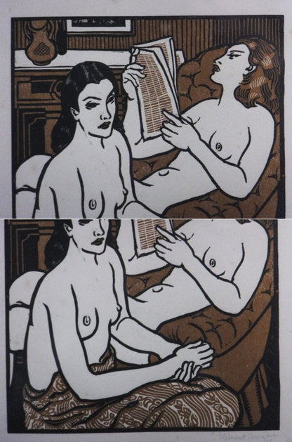 Clment Serveau 1946 Signed Woodcut "Two Reclining Nudes" French Art Deco