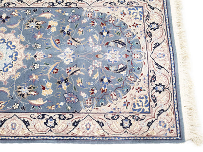 Blue-Gray Indo-Nain Wool Runner Rug Floral