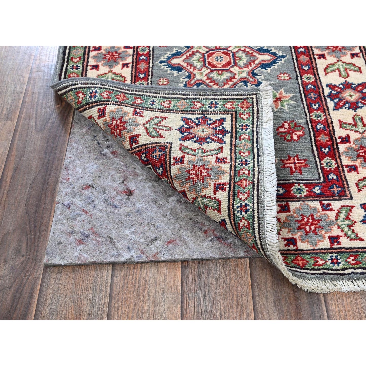 2'2"X6' Misty Gray Kazak Medallions Design Wool Hand Knotted Runner Rug