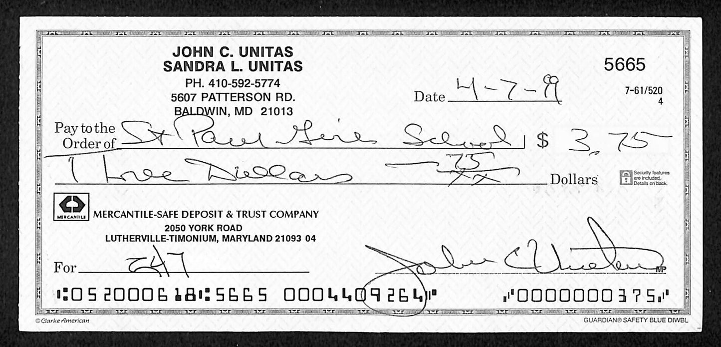 Johnny Unitas Hof Signed/Autographed 1999 Bank Check Baltimore Colts Jsa 199047