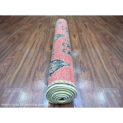 4'X9'10" Crimson Red Fine Peshawar Wool Hand Knotted Oriental Rug