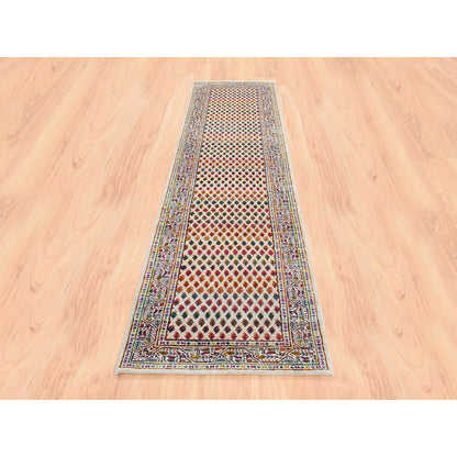 2'4"X10'2" Colorful Wool And Sari Silk Saroogh Hand Knotted Rug