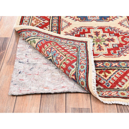 3'X15'5" Ivory Kazak With Geometric Design Rug Hand Knotted Wool Runner