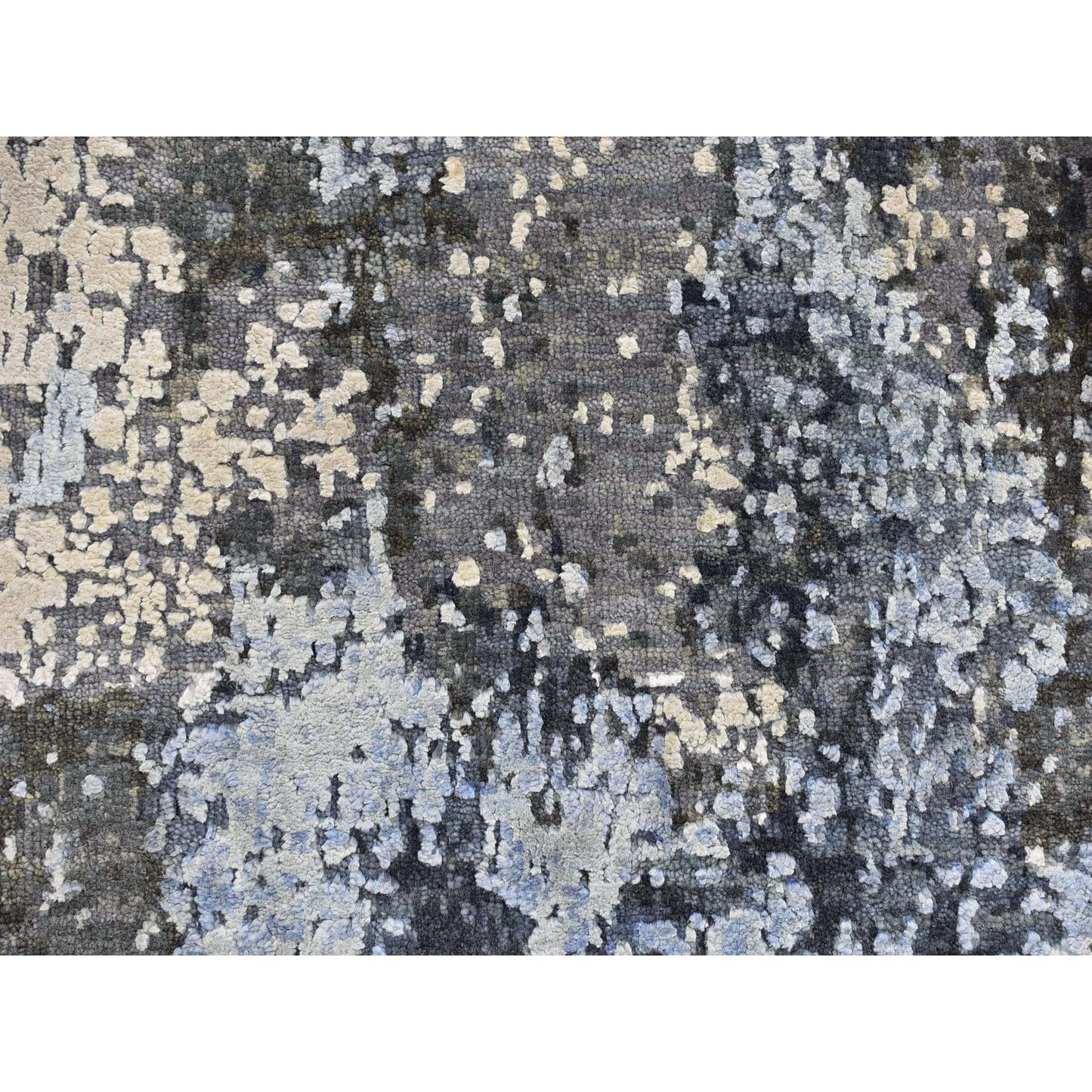 2'6"X10'2" Wool And Silk Abstract Design Gray Hand Knotted Runner Rug