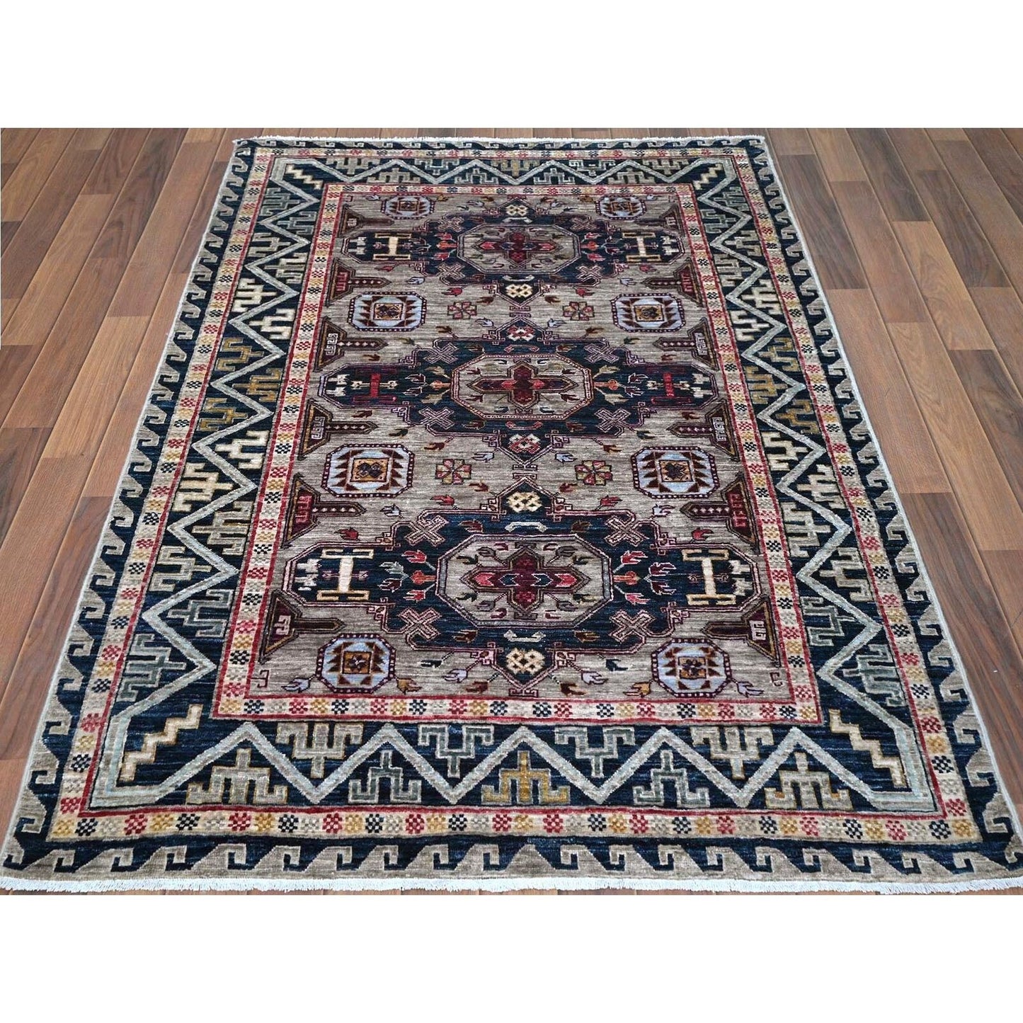 4'1"X5'10" Armenian Design Kazak Super Dense Weave Wool Hand Knotted Rug