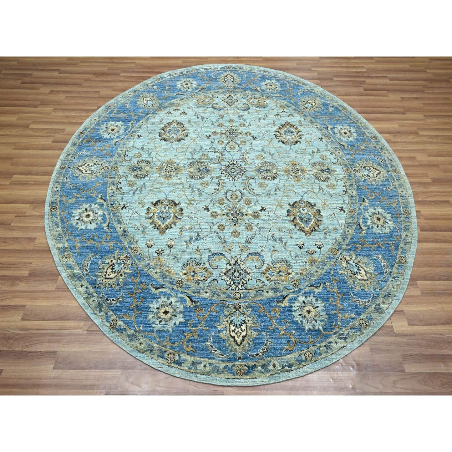 7'2"X7'2" Blue All Over Flower Design Pure Wool Hand Knotted Round Rug