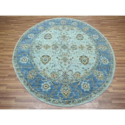 7'2"X7'2" Blue All Over Flower Design Pure Wool Hand Knotted Round Rug