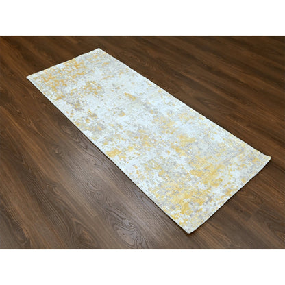 2'6"X6' Beige Abstract Design Wool-Silk Hand Knotted Runner Oriental Rug