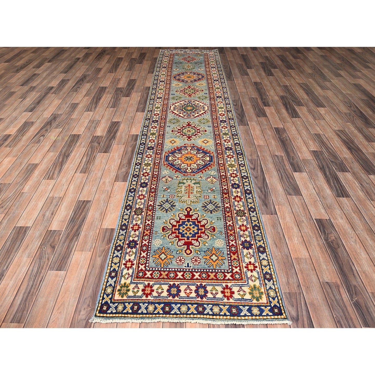 2'9"X12'3" Blue Kazak With Geometric Design Hand Knotted Rug Wool Runner