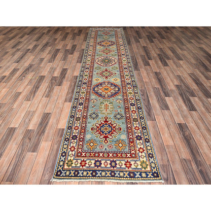 2'9"X12'3" Blue Kazak With Geometric Design Hand Knotted Rug Wool Runner