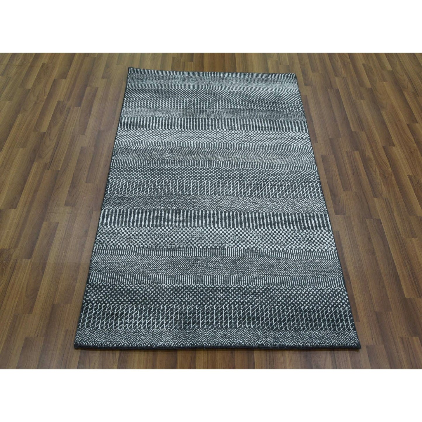3'3"X5' Gray Wool And Silk Hand Knotted Modern Grass Design Gabbeh Rug