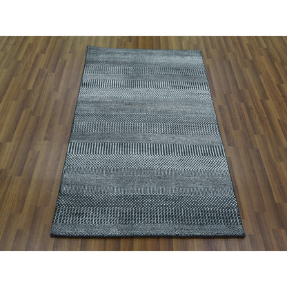 3'3"X5' Gray Wool And Silk Hand Knotted Modern Grass Design Gabbeh Rug