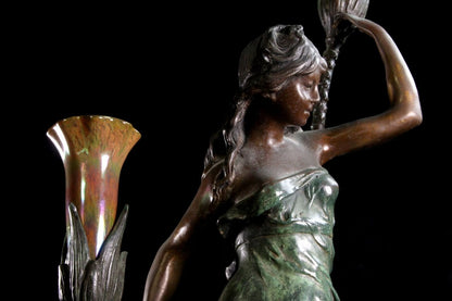 Auguste Moreau Bronze Lamp Sculpture "Aurore" Art Nouveau Woman 77Cm Signed